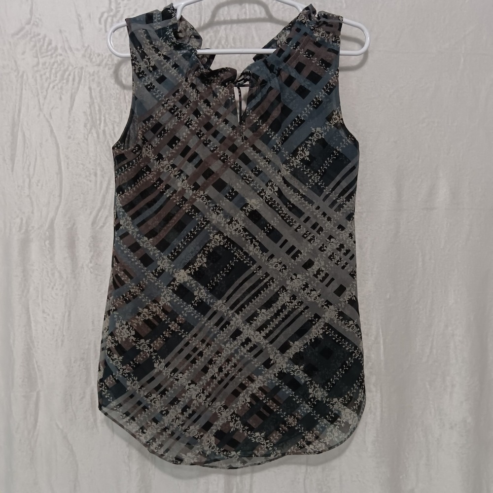 CAbi‎ Graph Blouse Gray Plaid Academia Corporate Siren Sleeveless Keyhole Xs